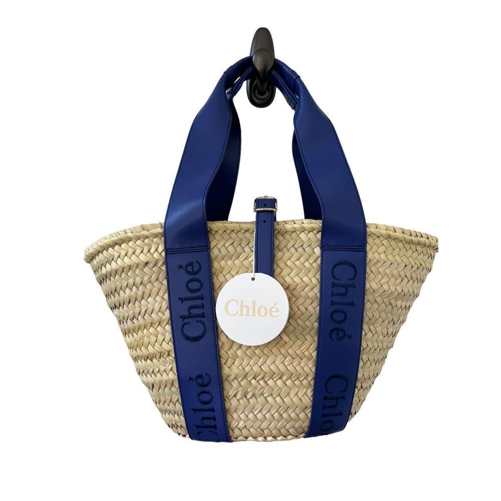 Chloe Sense Medium Basket Palm Woven Leather Handle Shopper Tote Bag Blue